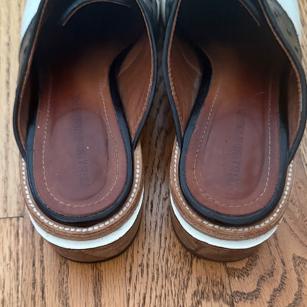 Band Of Outsiders Black/White Oxford Loafer Mules Stacked Saddle Leather Size 8 - Picture 4 of 8